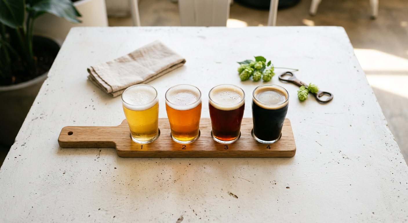 Craft beer flight on minimalist table