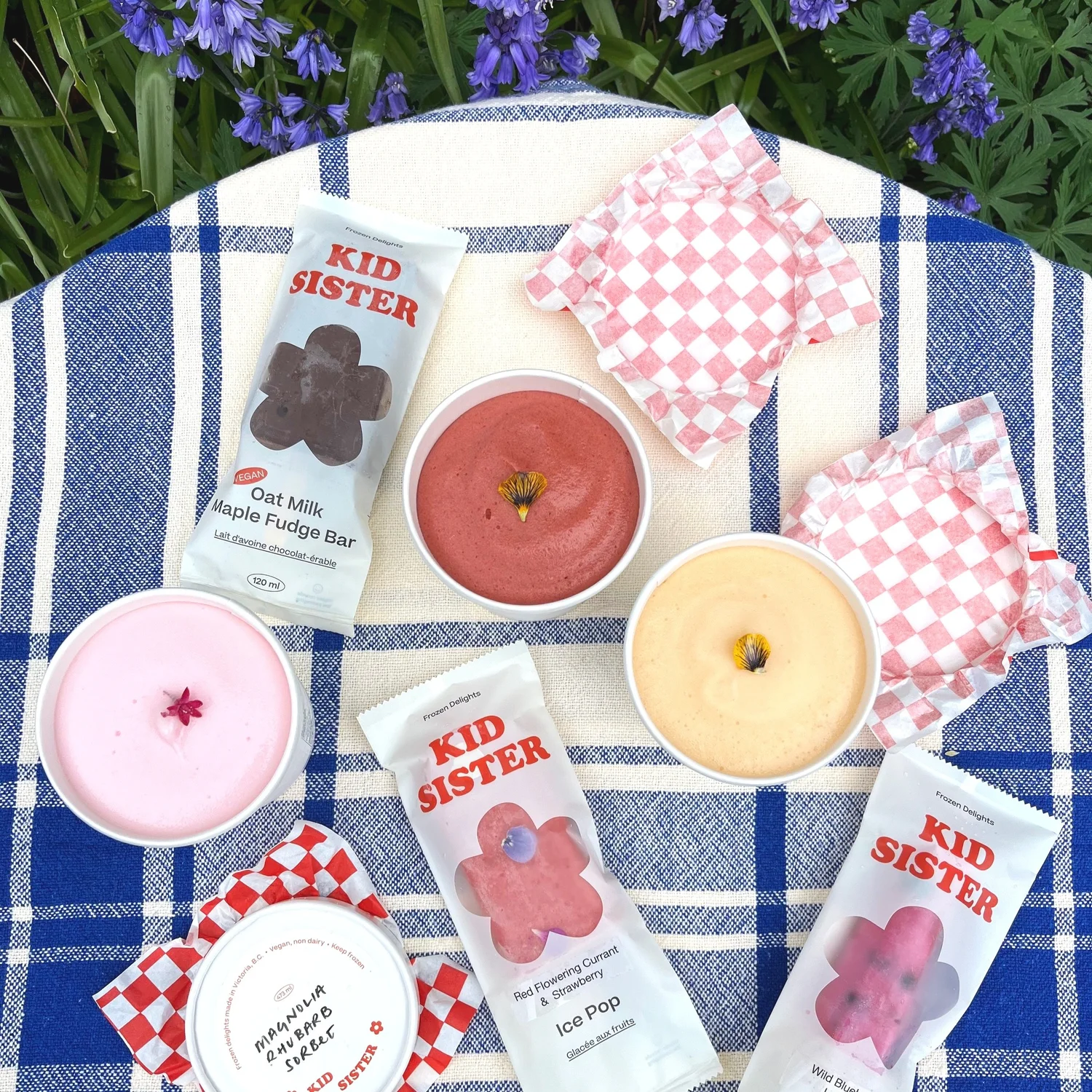 Kid Sister seasonal pints and pops arranged on a checkered tablecloth