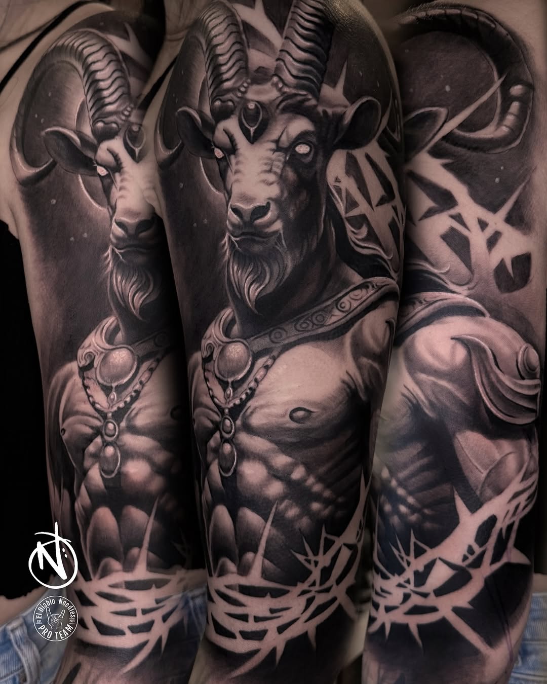 Blackwork goat deity sleeve with cosmic elements