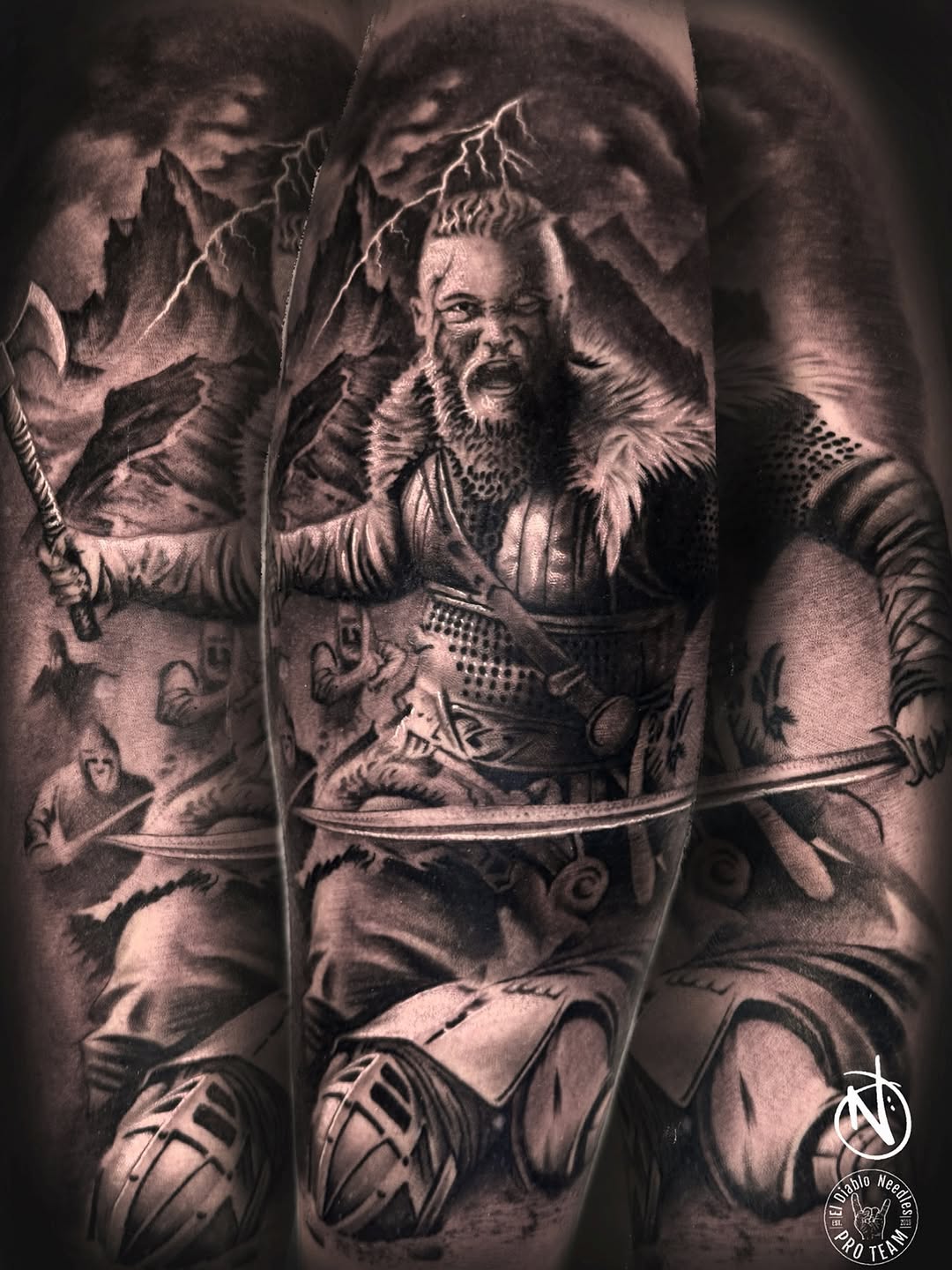 Black and grey large-scale tattoo composition