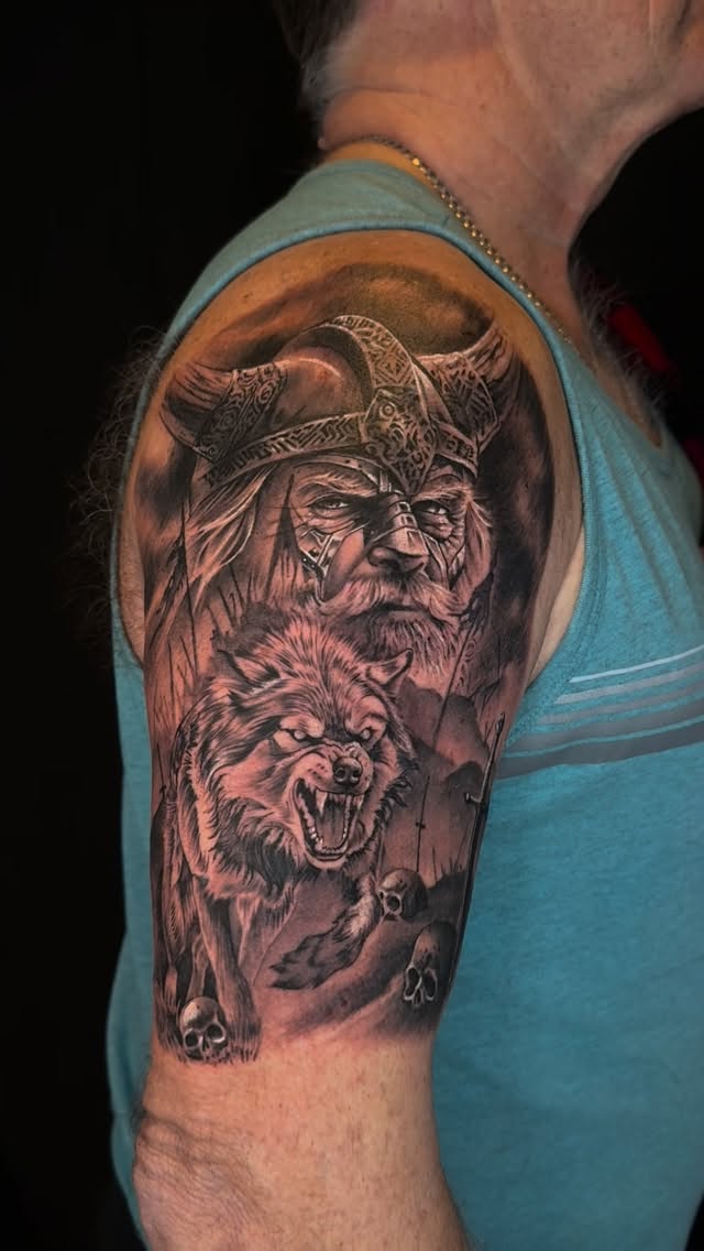 Viking warrior with wolf — arm sleeve, by Nick Chan