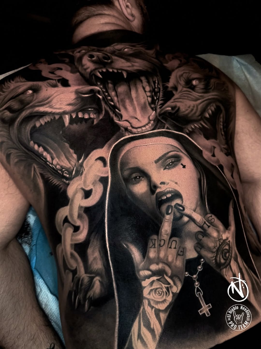 Sacred and sinister chest piece — nun and wolves, by Nick Chan