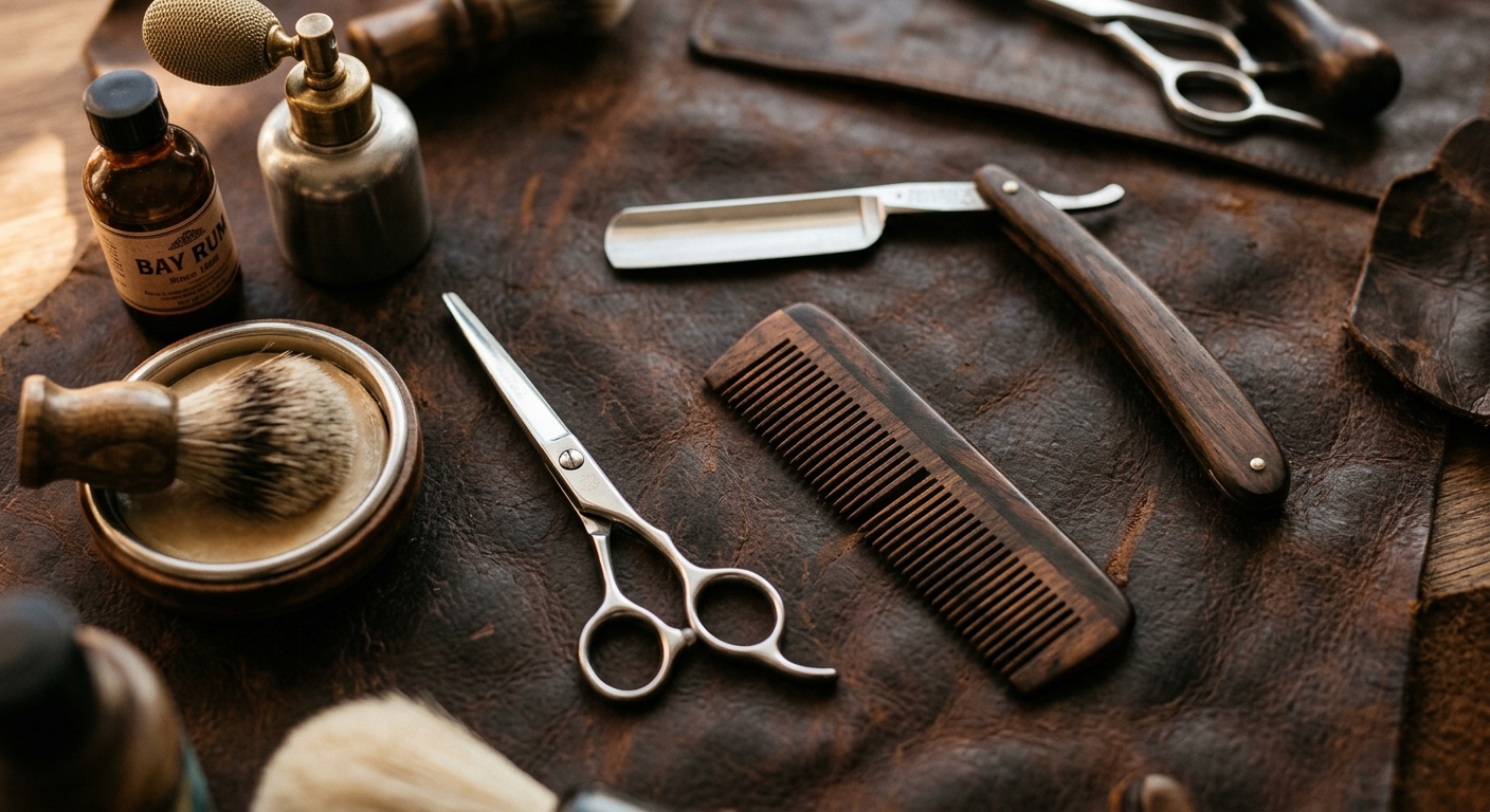 Classic barber tools — straight razor, comb, scissors