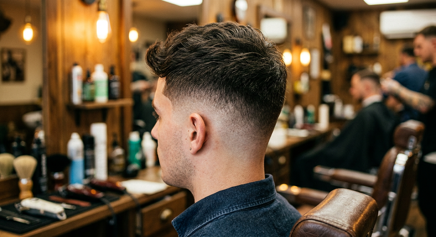 Close-up of a precise fade haircut, warm studio lighting